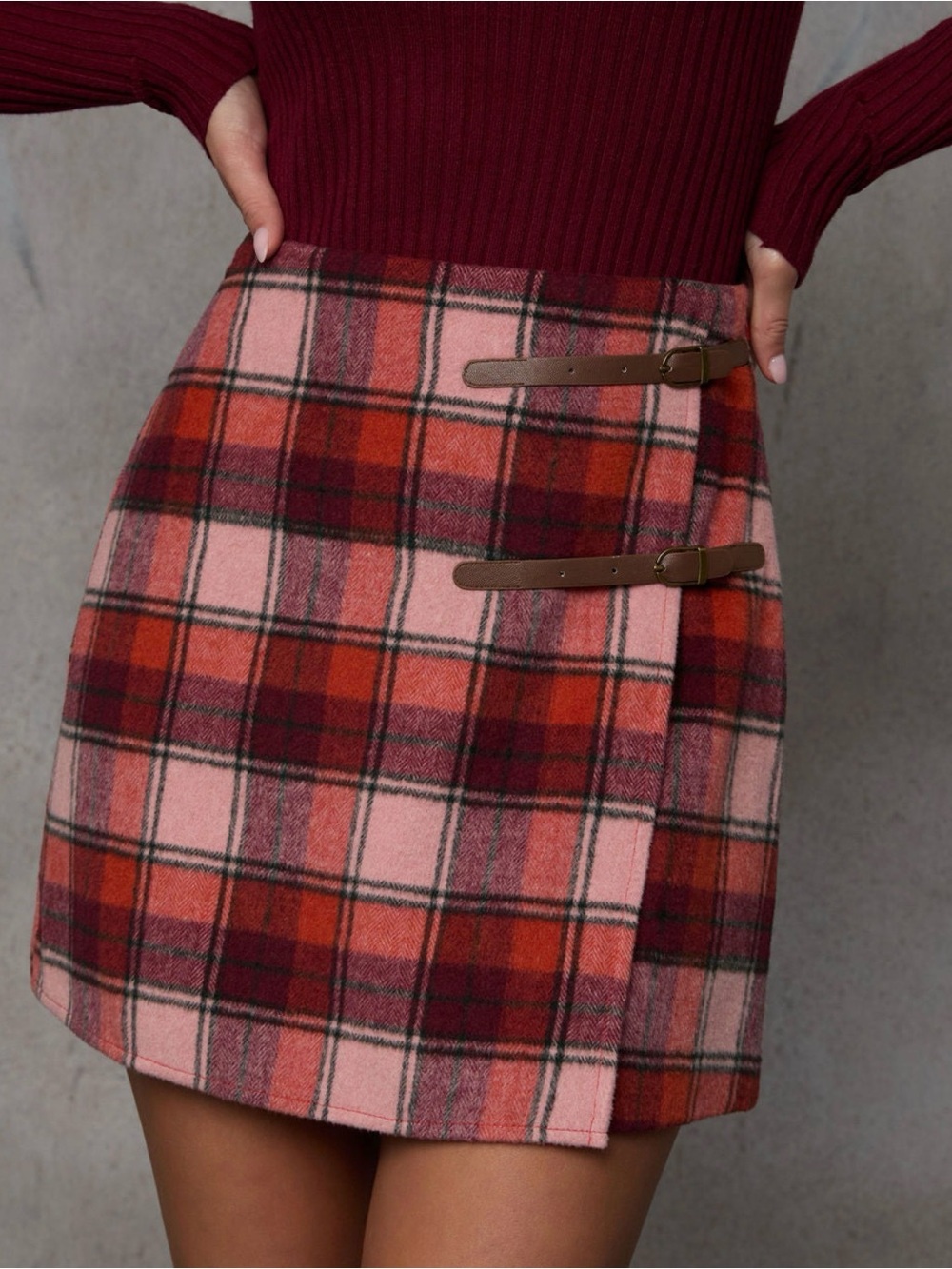 Vici Plaid Wrap Mini Skirt in Pink and Red with Buckle Straps